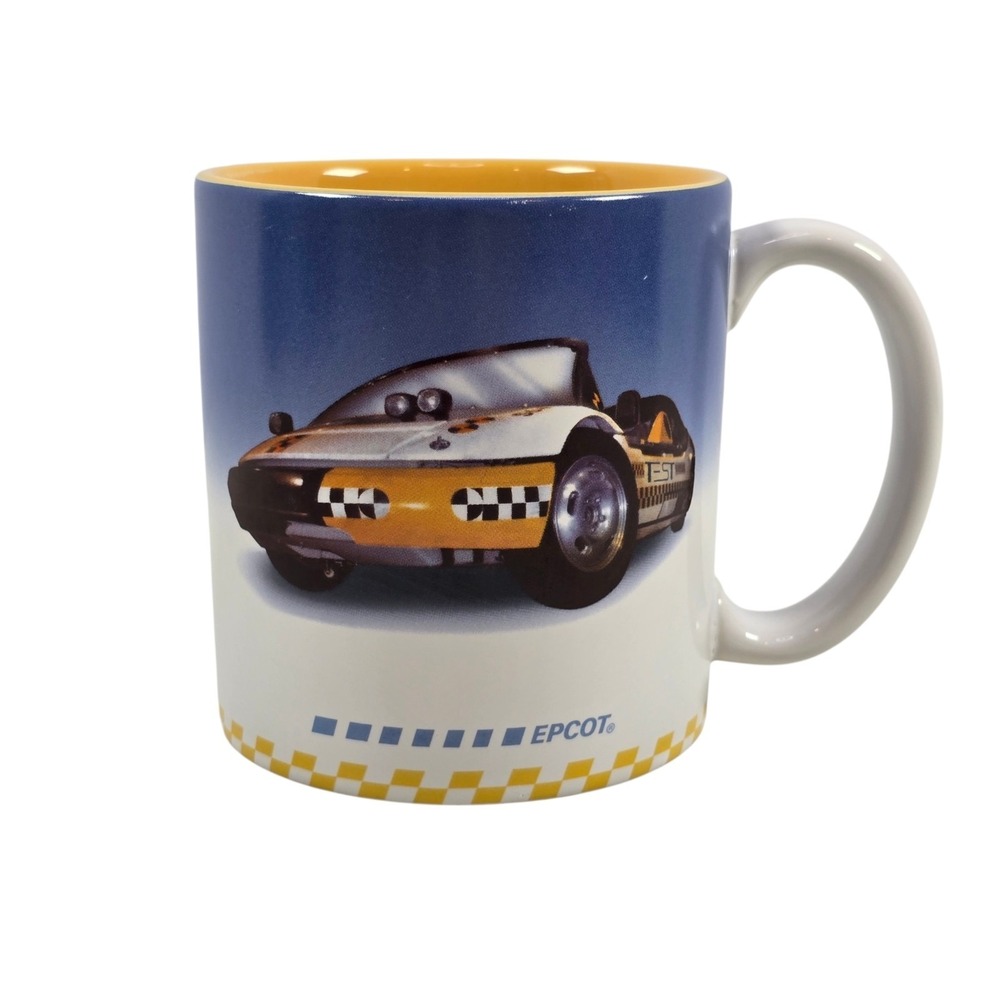 Walt Disney World EPCOT Test Track Yellow/Blue/White Race Car Jumbo Coffee Mug